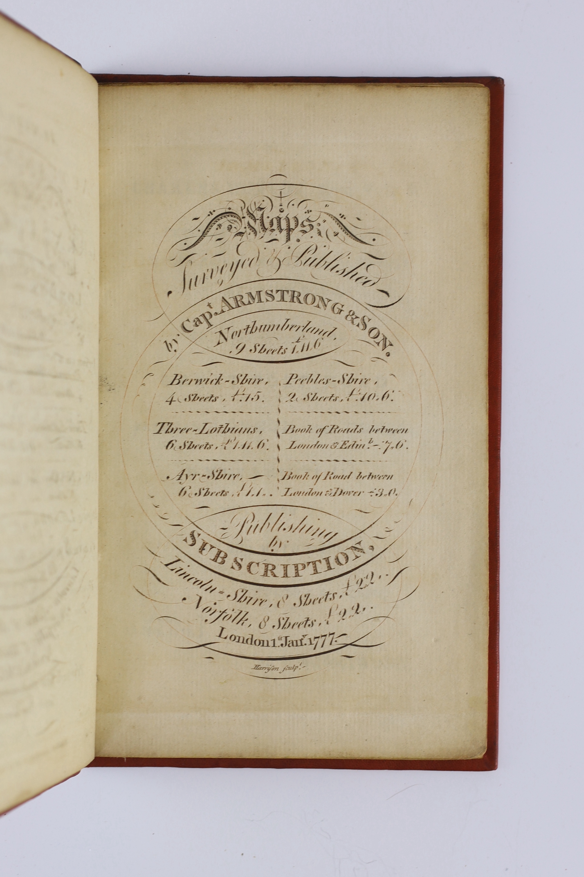 Armstrong, Mostyn John - Armstrong's Actual Survey of the Great Post Road between London and Dover. With the country three miles on each side ... engraved title, engraved advert. leaf, general (coastal) and six road maps